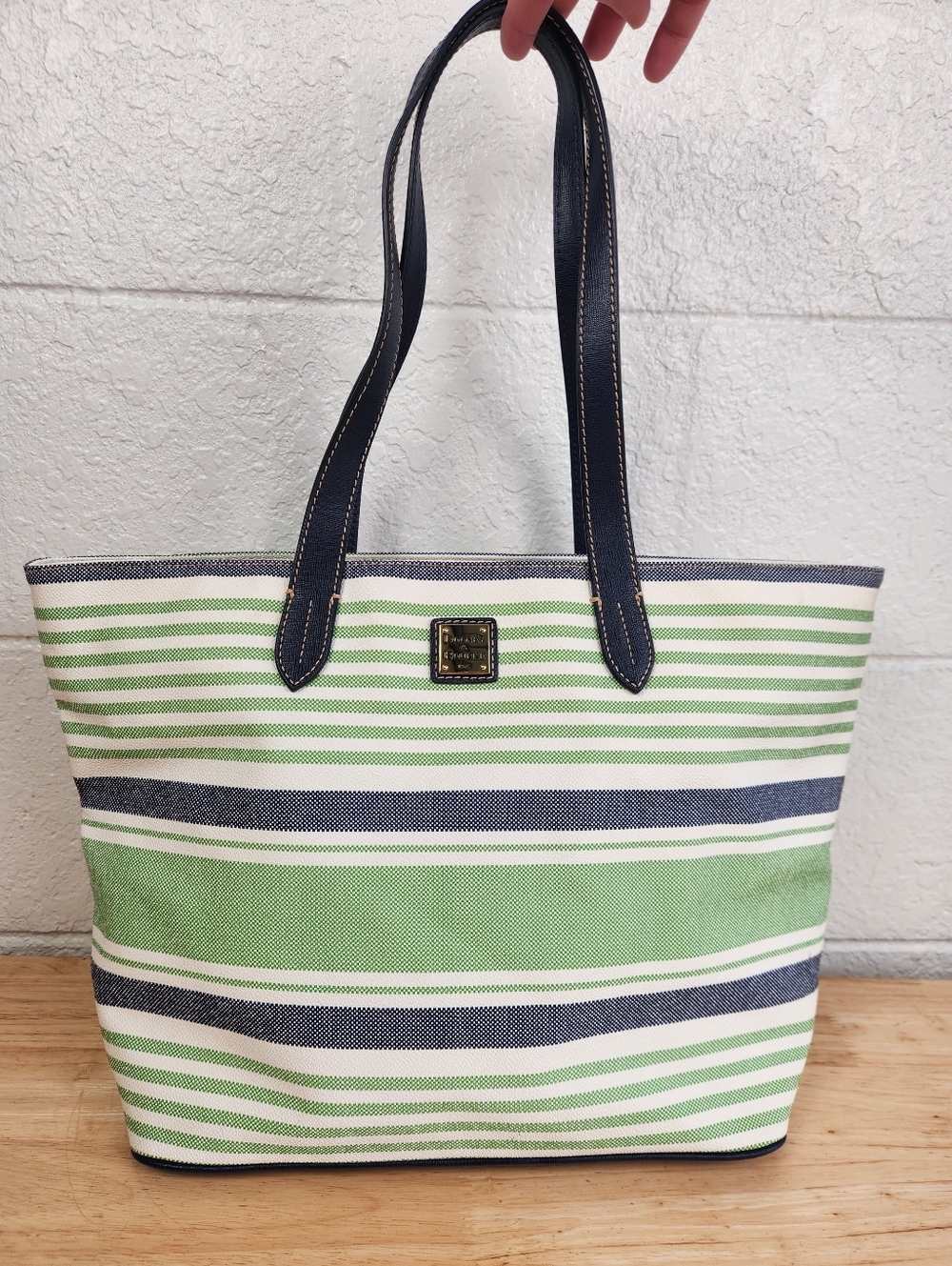 Dooney Bourke Westerly Green Navy Blue Stripes Medium Tote Shopper Shoulder Bag